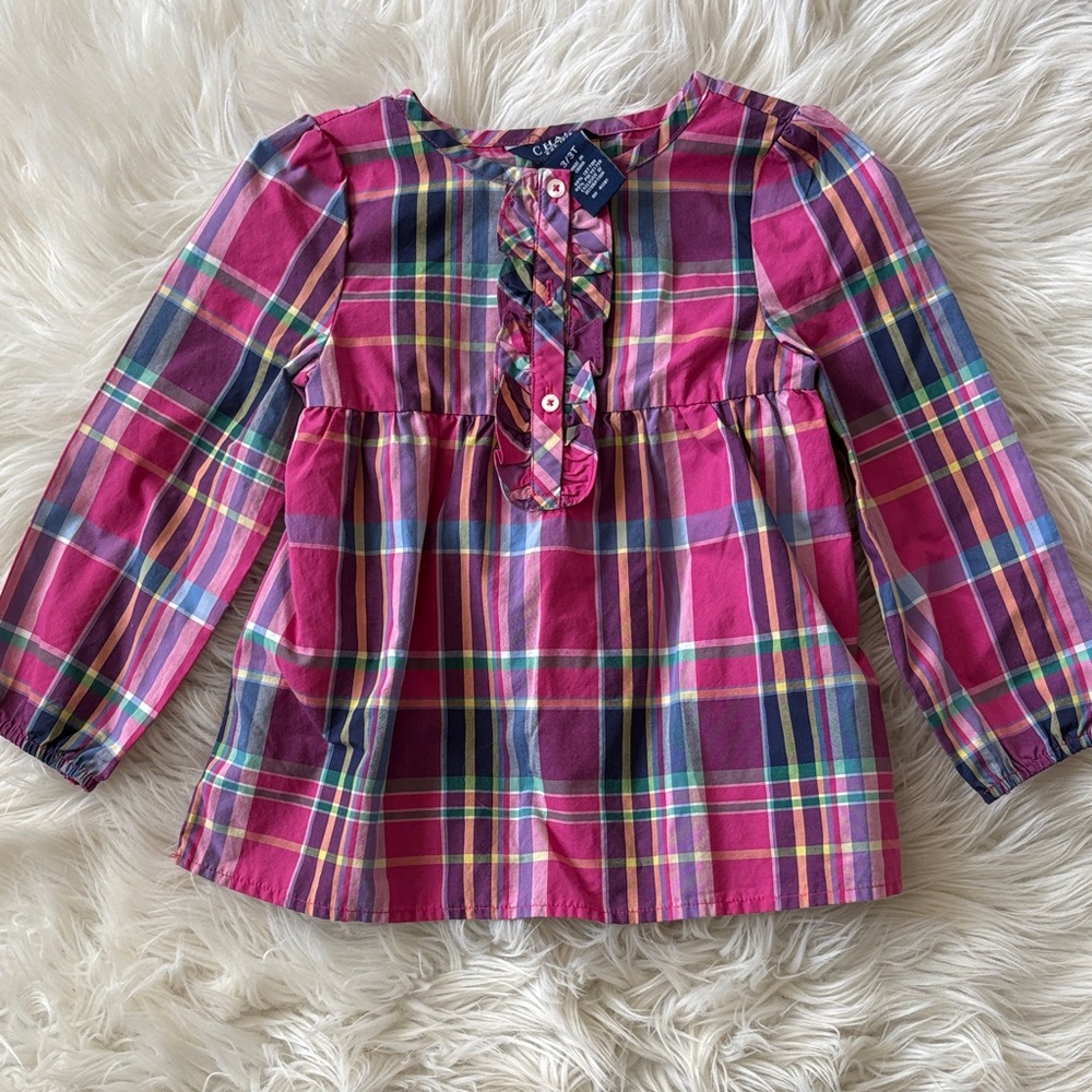 Chaps Pink Plaid Ruffle-Front Long Sleeve Top